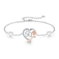wholesale 925 Sterling Silver Rose Gold Plated Heart-Shaped Bracelet with Cubic Zirconia Accents and Numbered Pendant - Perfect Gift for Mother's Day/Wife/Mom/Grandma/Daughter on Her Special Occasion-50th