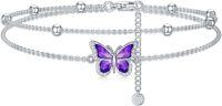 wholesale 925 Sterling Silver Purple Butterfly Layered Anklet with Cubic Zirconia Stones for Women-Silver & Purple