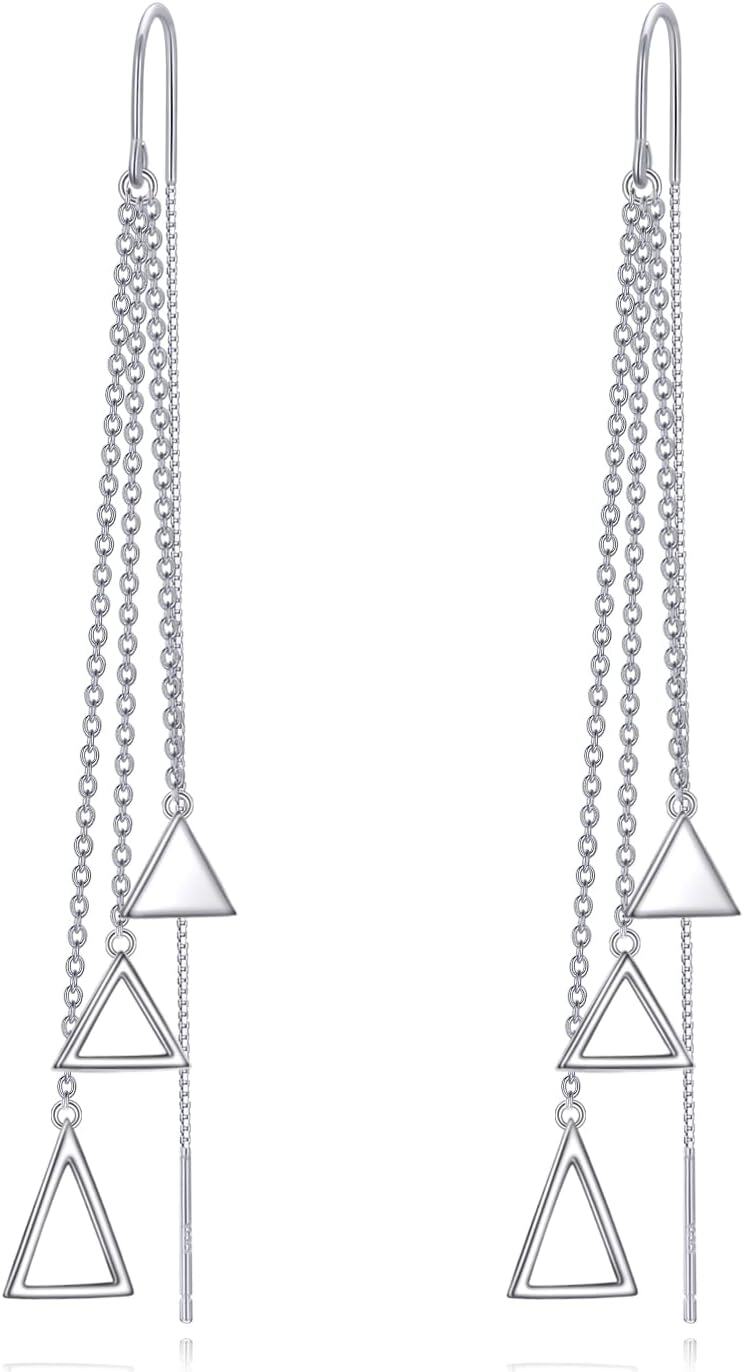 925 Sterling Silver Triangle Threader Dangle Drop Earrings with Chain for Women-0-0