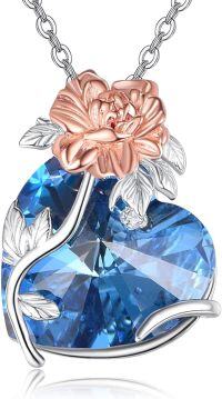 wholesale 925 Sterling Silver Sapphire Heart Necklace with Rose Charm - Romantic Gift for Women-rose heart 2