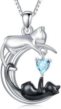 wholesale Silver Onyx Cat Moon Pendant Necklace Women s Jewelry Gift-March - Aquamarine