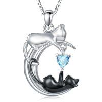 wholesale 925 Sterling Silver Onyx Cat Moon Pendant Necklace Women s Jewelry Gift-March - Aquamarine