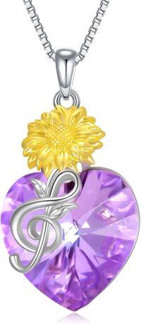 wholesale 925 Sterling Silver Purple Crystal Sunflower Heart Musical Note Pendant Necklace-Purple