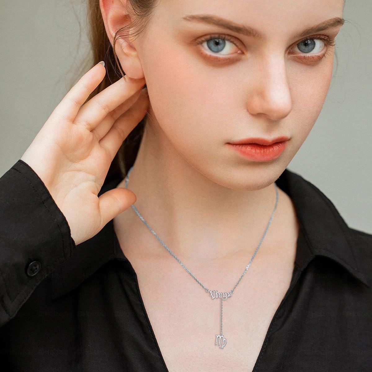 925 Sterling Silver Virgo Zodiac Sign Lariat Necklace with Chain and Charm for Women Astrology -0-1