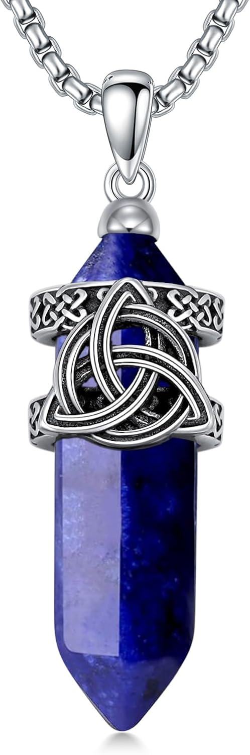 Sterling Silver Stone Celtic Knot Necklace for Men Women-B02-Celtic and Lapis