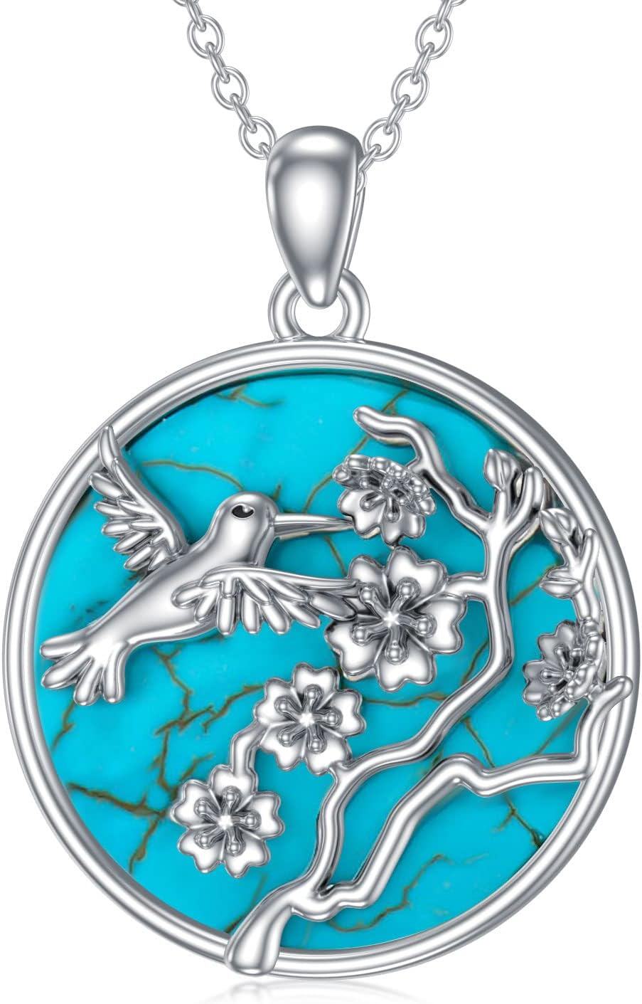 Sterling Silver Turquoise Diamond Hummingbird Pendant Necklace-0-1