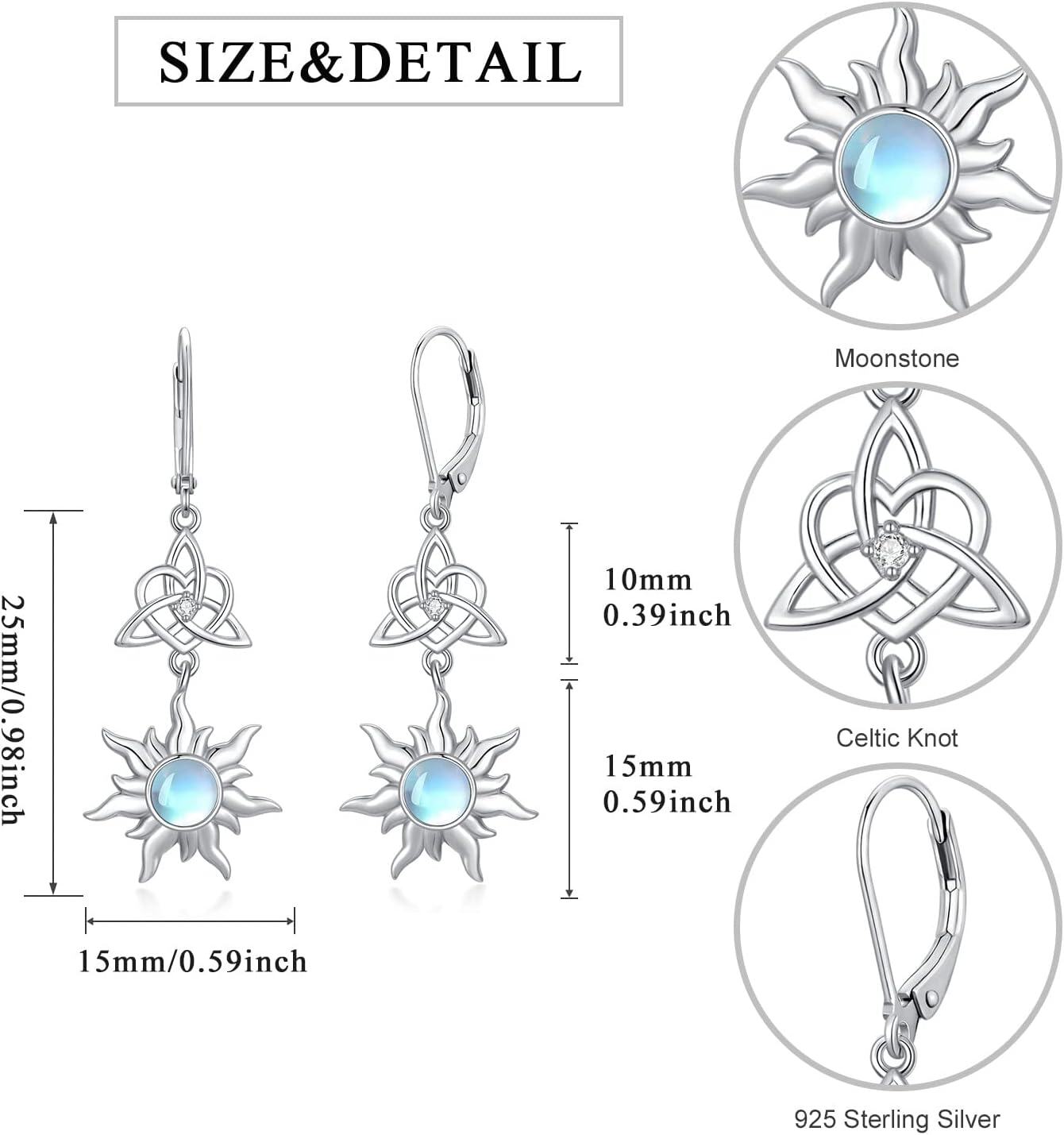 925 Sterling Silver Celtic Moonstone Sun Leverback Filigree Drop Earrings-0-1