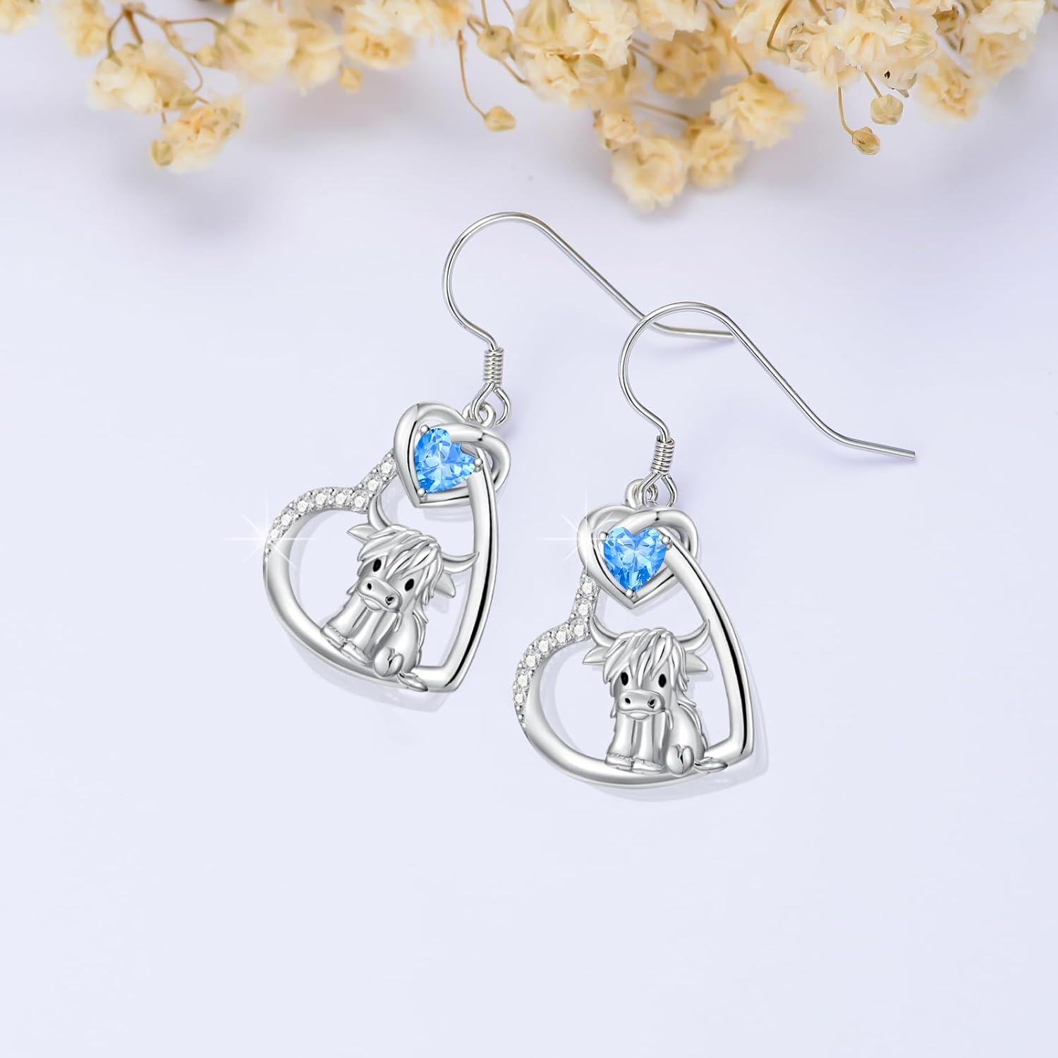 925 Sterling Silver Birthstone Highland Cow Dangle Earrings Scotland Western Gift-0-5