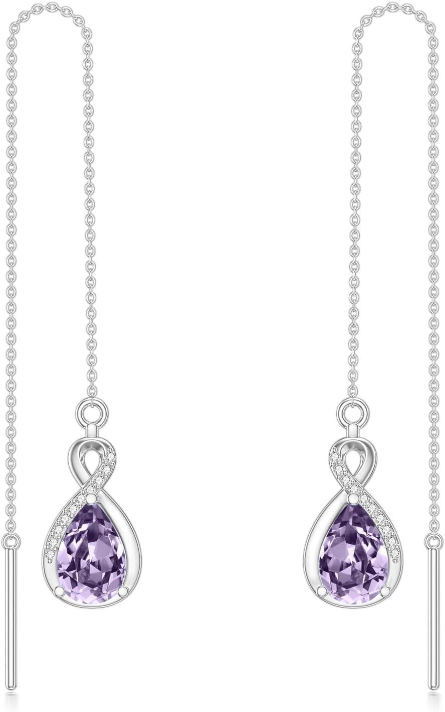 Sterling Silver 12 Birthstone Infinity Threader Drop Earrings for Women-6-June-Alexandrite Purple
