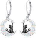 wholesale 925 Sterling Silver Opal Crescent Moon Black Cat Dangle Earrings for Women-0-0