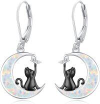 wholesale 925 Sterling Silver Opal Crescent Moon Black Cat Dangle Earrings for Women-Black