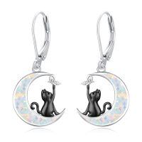 wholesale 925 Sterling Silver Black Cat Crescent Moon Opal Butterfly Drop Earrings-Black