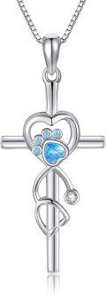 wholesale 925 Sterling Silver Blue Crystal Cross Dog Paw Heart Pendant Necklace for Women Girls Gifts-0-0
