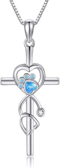 wholesale 925 Sterling Silver Blue Crystal Cross Dog Paw Heart Pendant Necklace for Women Girls Gifts-cross paw