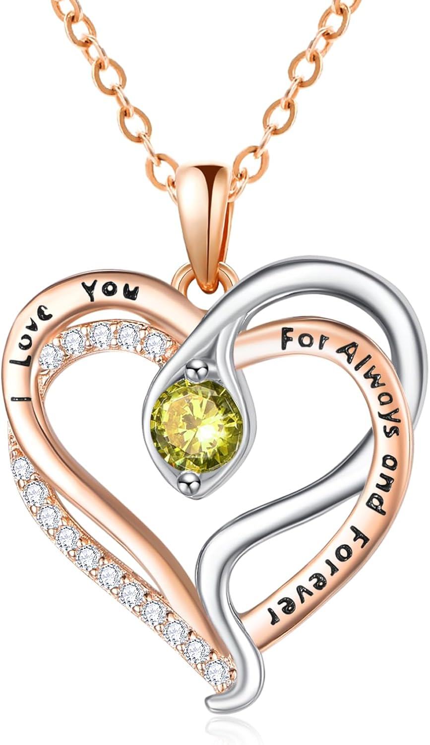 Sterling Silver Rose Gold Snake Pendant with Birthstone I Love You Always Forever Necklace Cute Animal Jewelry Gifts for Women-08 Aug - Peridot