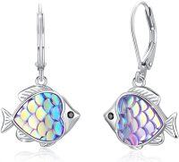 wholesale 925 Sterling Silver Fish Scale Drop Earrings with Rainbow Colors and Leverback Hooks for Women & Girls-Fish