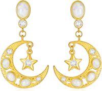 wholesale Gold-Plated 925 Sterling Silver Opal & Cubic Zirconia Crescent Moon and Star Drop Earrings for Women-Sterling Silver