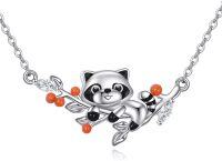 wholesale 925 Sterling Silver Cartoon Animal Charm Necklace - Adorable Racoon Design with Orange Beads and Crystal Accents-Raccoon