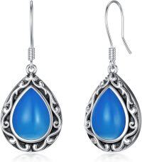 wholesale 925 Sterling Silver Turquoise Blue Agate Teardrop Earrings for Women Western Ethnic Dangling Birthstone Jewelry Gifts-Natural Blue Agate (September)