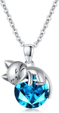 wholesale 925 Sterling Silver Cat Mom Baby Sleeping With Yellow Crystal Pendant Necklace-December