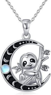 wholesale 925 Sterling Silver Sloth Crescent Moon Charm Pendant Necklace with Blue Stone Accent-Moonstone sloth
