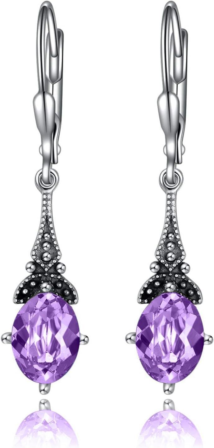 Sterling Silver Austrian Crystal Vintage Drop Dangle Leverback Earrings-Violet Purple