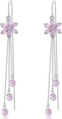 wholesale 925 Sterling Silver Cubic Zirconia Drop Earrings w/ Pink Flowers & Butterflies-Flower B