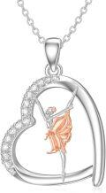 wholesale 925 Sterling Silver Rose Gold Dancing Girl in Heart Shape Pendant Necklace with Cubic Zirconia Stones and Chain for Women Girls  (Rose)-0-0