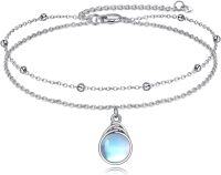 wholesale 925 Sterling Silver Double Layered Moonstone Pendant Ankle Bracelet for Women Girls  8-10 Adjustable Chain Length-Moonstone