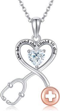 wholesale 925 Silver & Hypoallergenic Stethoscope Pendant Necklace with Red Cross Heart Charm - Graduation Nurse Gift-Moissanite
