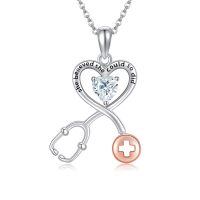 wholesale 925 Silver & Hypoallergenic Stethoscope Pendant Necklace with Red Cross Heart Charm - Graduation Nurse Gift-Moissanite