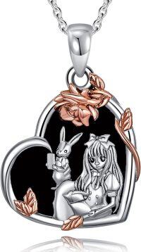 wholesale 925 Sterling Silver Heart-Shaped Alice in Wonderland Rabbit and Girl Pendant Necklace with Rose Gold Leaves & Black Enamel Background - Gifts for Women-Bunny-Black onyx
