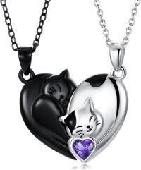 wholesale Sterling Silver Love Arrow Cat Couples Heart Necklaces Gifts for Couples-Couple Cat-February Birthstone