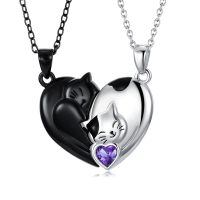 wholesale 925 Sterling Silver Love Arrow Cat Couples Heart Necklaces Gifts for Couples-Couple Cat-February Birthstone
