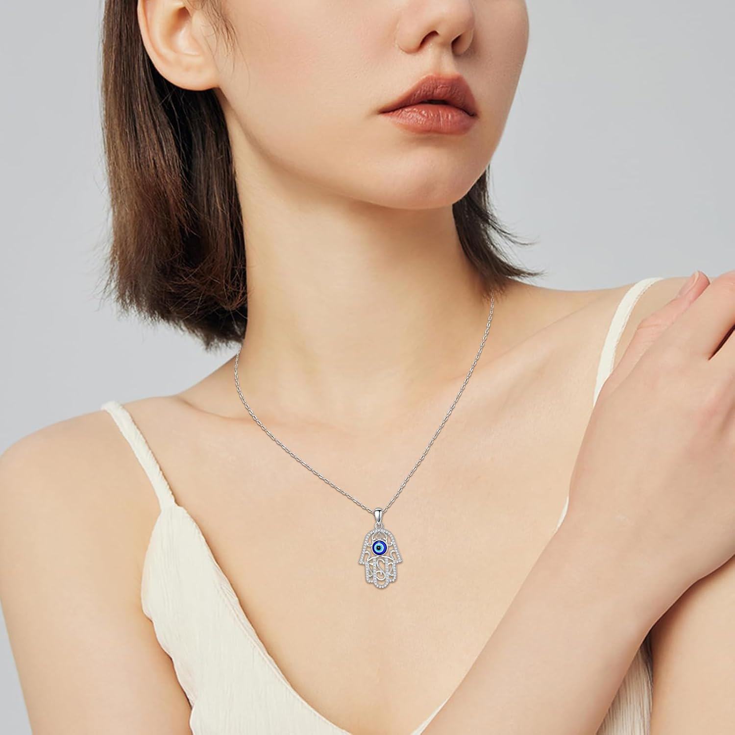 Sterling Silver Lotus Evil Eye Hamsa Necklace Hand of Fatima Pendant Jewelry for Women-0-5