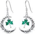 wholesale 925 Sterling Silver Moon & Green Crystal Shamrock Drop Earrings Irish Jewelry-0-0