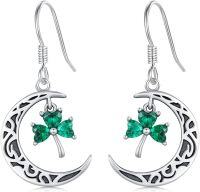 wholesale 925 Sterling Silver Moon & Green Crystal Shamrock Drop Earrings Irish Jewelry-B-Shamrock&Moon