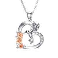 wholesale 925 Sterling Silver Hummingbird Heart Pendant With Rose And Diamonds-B