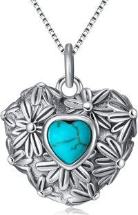 wholesale 925 Sterling Silver & Natural Turquoise Heart Daisy Pendant Necklace - Vintage Handmade Jewelry for Women-A_Turquoise_18+2'' Sterling Silver Chain