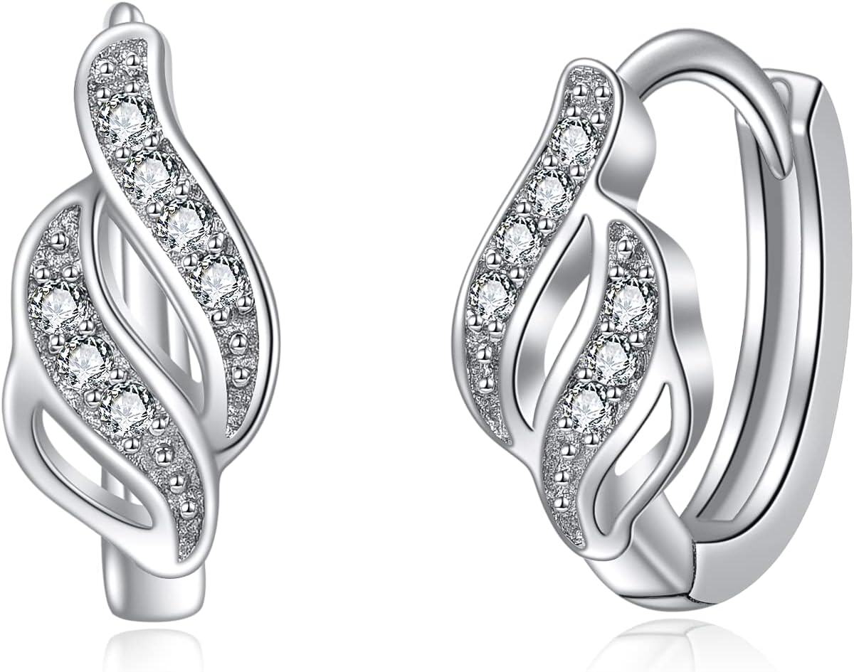 925 Sterling Silver Twist Leaf Design Huggie Hoops with Cubic Zirconia for Women-0-0