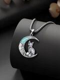 wholesale 925 Sterling Silver Fox on Turquoise Crescent Moon Pendant Necklace-0-2