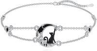 wholesale 925 Sterling Silver Black Onyx Adjustable Bracelet with Moon and Cat Design-Cat with Star