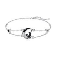 wholesale 925 Sterling Silver Black Onyx Adjustable Bracelet with Moon and Cat Design-Cat with Star