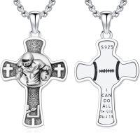 wholesale 925 Sterling Silver Football Player Sports Cross Necklace with Philippians 4:13 Pendant for Men-Football Cross