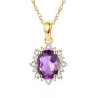 wholesale 14k Red Oval Gemstone Pendant Necklace With Lab Diamond Halo-Amethyst