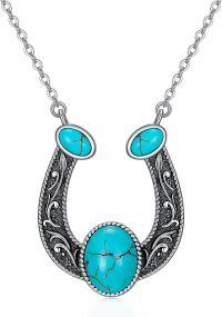 wholesale 925 Sterling Silver Natural Turquoise Vintage Horseshoe Pendant Necklace 18+2 Chain Women s Birthday Gift-Horseshoe-B
