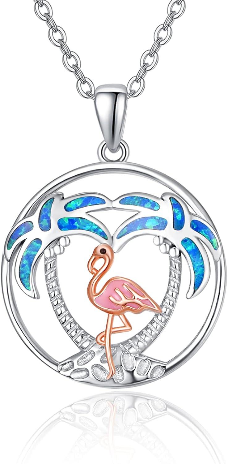 Sterling Silver Opal Pink Flamingo Pendant Necklace Palm Tree Jewelry-0-1
