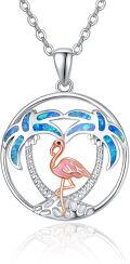 wholesale 925 Sterling Silver Blue Fire Opal Pink Flamingo in Palm Tree Design Pendant Necklace for Women Girls Gift Jewelry Accessories 45cm Chain Length-0-0