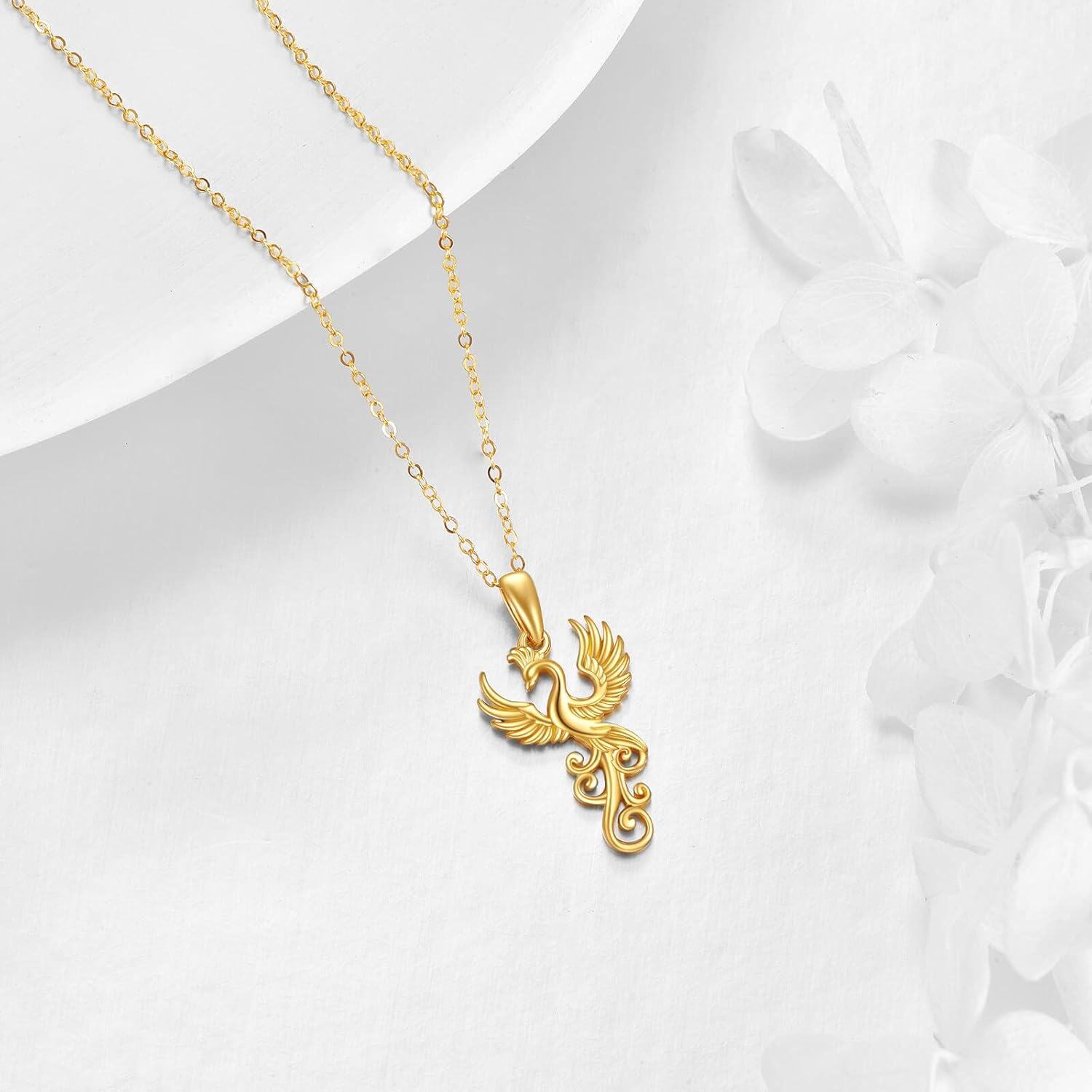 14K Yellow Gold Phoenix Pendant Necklace with Stone for Women Jewelry Gifts-0-4