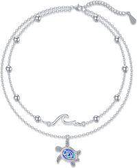 wholesale 925 Sterling Silver Turtle Anklet with Blue Opal and Wave Charm for Women-Turtle-Anklet 9''-11''